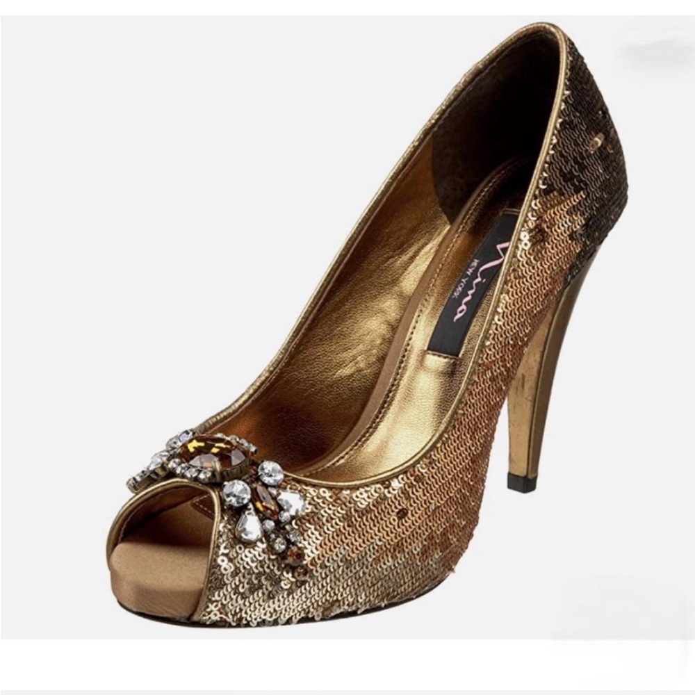 Nina Gold and Brown Sequin Peep-Toe Heels